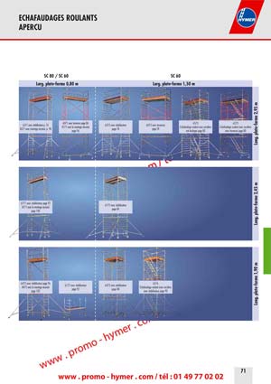 ECHAFAUDAGES ROULANTS 
APERCU 


Le concept des traverses roulantes :

Aper&ccedil;u des 

&ndash; Ferrures &agrave; serrage aux &eacute;l&eacute;ments inf&eacute;rieurs du cadre et &agrave; la plate-forme d&lsquo;acc&egrave;s. &eacute;chafaudages roulants Hymer &ndash; R&eacute;glables en continu sur les traverses. 
&ndash; Liaison solide. 
Les &eacute;chafaudages roulants Hymer ont &eacute;t&eacute; con&ccedil;us comme syst&egrave;me modulaire o&ugrave; de 
nombreux &eacute;l&eacute;ments individuels peuvent &ecirc;tre agenc&eacute;s entre eux. Ainsi, le montage et Le concept des stabilisateurs : 
le d&eacute;montage des &eacute;chafaudages Hymer est tout simple. &ndash; Stabilit&eacute; au renversement et stabilit&eacute; g&eacute;n&eacute;rale &eacute;lev&eacute;es gr&acirc;ce au support lat&eacute;ral au 
moyen de stabilisateurs. 
Pour les &eacute;chafaudages roulants SC 60 et SC 80, 3 longueurs diff&eacute;rentes sont disponible-&ndash; Patins antid&eacute;rapants avec une forte adh&eacute;rence tout en m&eacute;nageant le rev&ecirc;tement. 
bles : 1,90 m, 2,45 m und 2,95 m. - Montage sans probl&egrave;me des stabilisateurs aux &eacute;l&eacute;ments du cadre avec des ferrures 
Pour les largeurs, vous pouvez choisir entre 0,80 m et 1,50 m. de serrage. Adaptation pr&eacute;cise &agrave; la nature du sol. 

Pour &eacute;largir davantage notre gamme d&acute;&eacute;chafaudages roulants, il est possible de &ndash; Pour garantir un d&eacute;placement rapide, sans risque de renversement, le stabilisateur 
commander presque n&lsquo;importe quel &eacute;chafaudage, soit avec des stabilisateurs, soit peut &ecirc;tre soulev&eacute; de 2 cm du sol en un tournemain gr&acirc;ce &agrave; l&lsquo;articulation 
avec des traverses roulantes. &ndash; Possibilit&eacute; d&lsquo;approche tout pr&egrave;s des murs apr&egrave;s avoir fait pivoter deux 
stabilisateurs (respecter les prescriptions concernant le lestage).